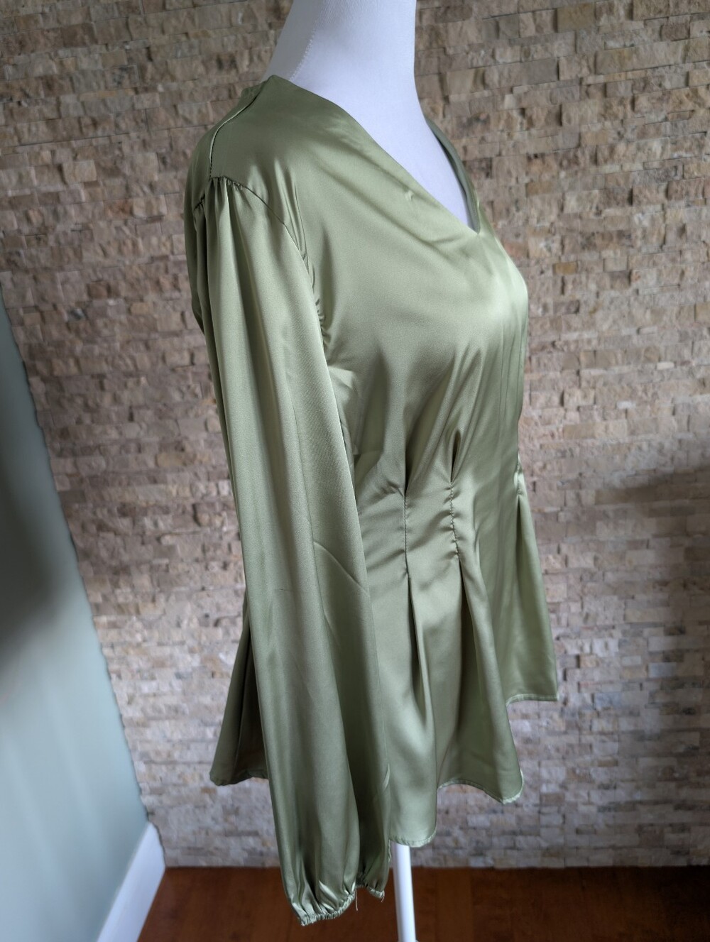 Satin Tailored Sage Green Long Sleeve V Neck Blouse Quiet Luxury Smocked Sz XXL image 2
